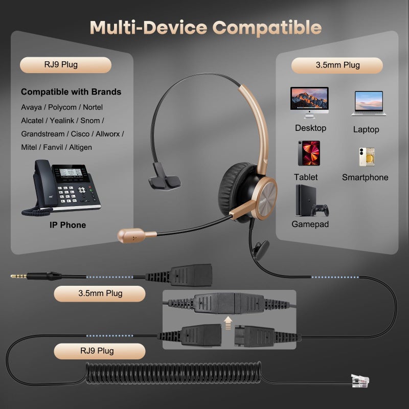 MAIRDI Telephone Headset with RJ9 for Cisco Phone Call Center Headset with Noise Cancelling Microphone with Extra 3.5mm Connector for Mobiles - Image 3